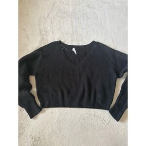 Good American Size XL Cozy‎ V-Neck Cropped Sweater Ribbed Knit Pullover Black